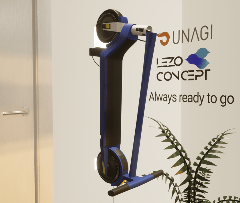 a blue scooter with a plant in the background