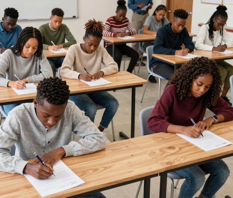 African students sitting at wooden desks in a classroom writing in notebooks during a lesson.