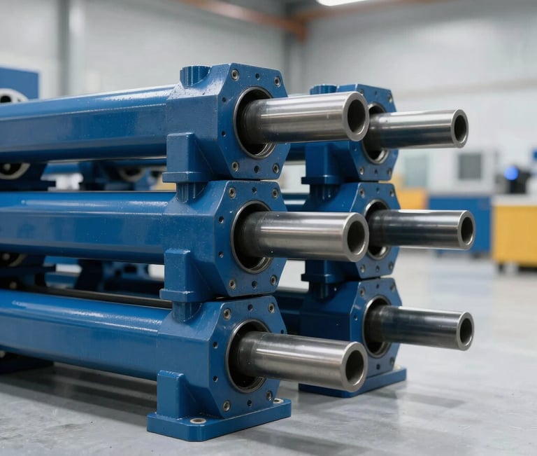 Close-up shot of heavy-duty trailer axles stacked neatly in a bright, modern warehouse, industrial blue steel finish, cleanroom white background, professional commercial lighting.