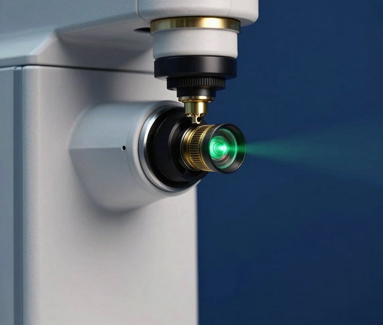 High-precision ophthalmic laser system with a glowing green aiming beam, micro-optics lens in razor-sharp focus, clinical dark blue background