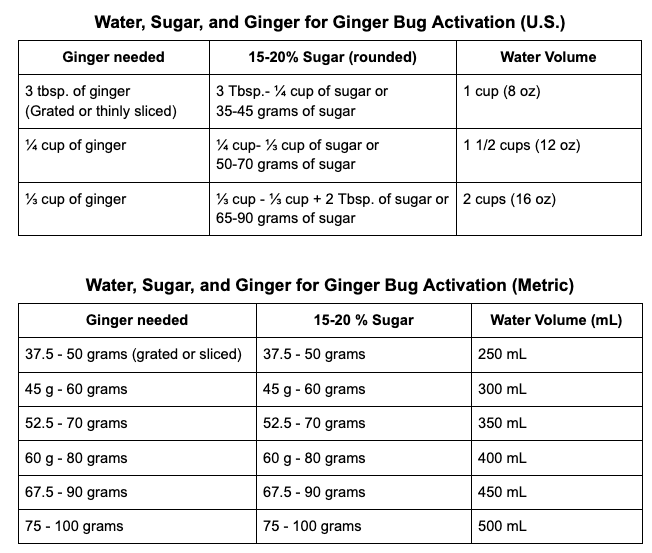 Ginger bug activation sugar, ginger, and water amounts
