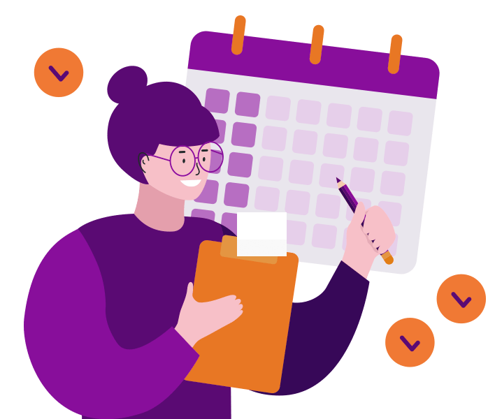 a woman holding a clipboard with a calendar and a pen