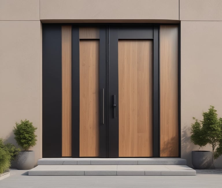 a modern front door with a wooden door and a planter