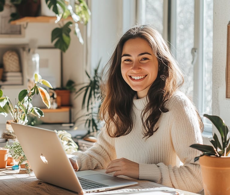 Mujer joven sonríe frente a su laptop en un espacio luminoso, representa emprendimientos digital en un ambiente inspirador.