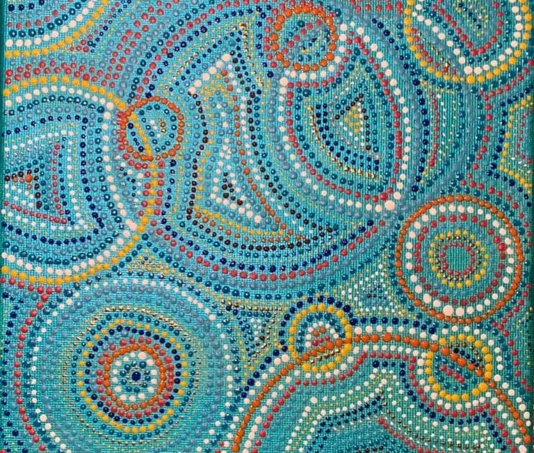 Peinture dot painting Xirkys : cercles multicolores sur fond turquoise.