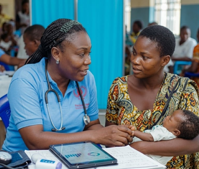 Dr attending to a mother during free medical outreach.