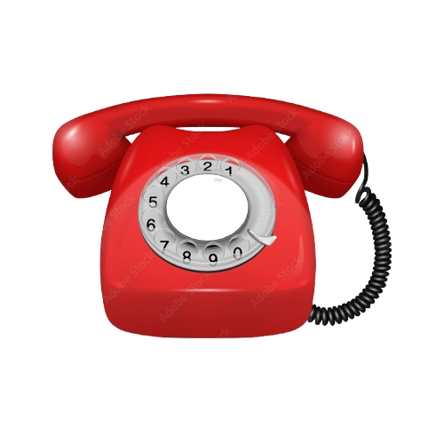A vintage classic red rotary dial telephone with a coiled black cord isolated on a white background.
