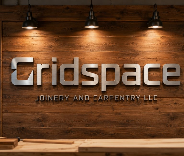 Custom metal Gridspace Joinery and Carpentry LLC signage mounted on a rustic wood wall in a woodworking workshop.