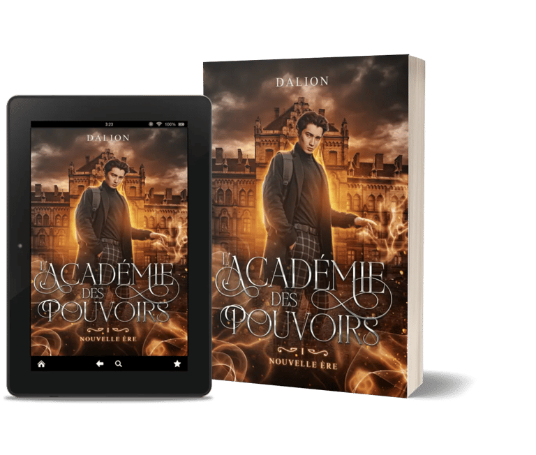 Mockup ebook et broche L'académie des pouvoirs tome 1 nouvelle ère - L. Dalion, auteure.