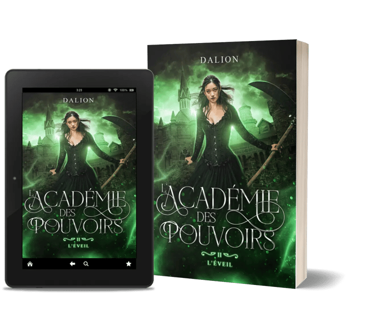 Mockup ebook et broche L'académie des pouvoirs tome 2 l'éveil - L. Dalion, auteure.