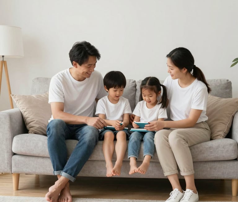 A happy family sitting on a couch together while children use digital tablets for learning.
