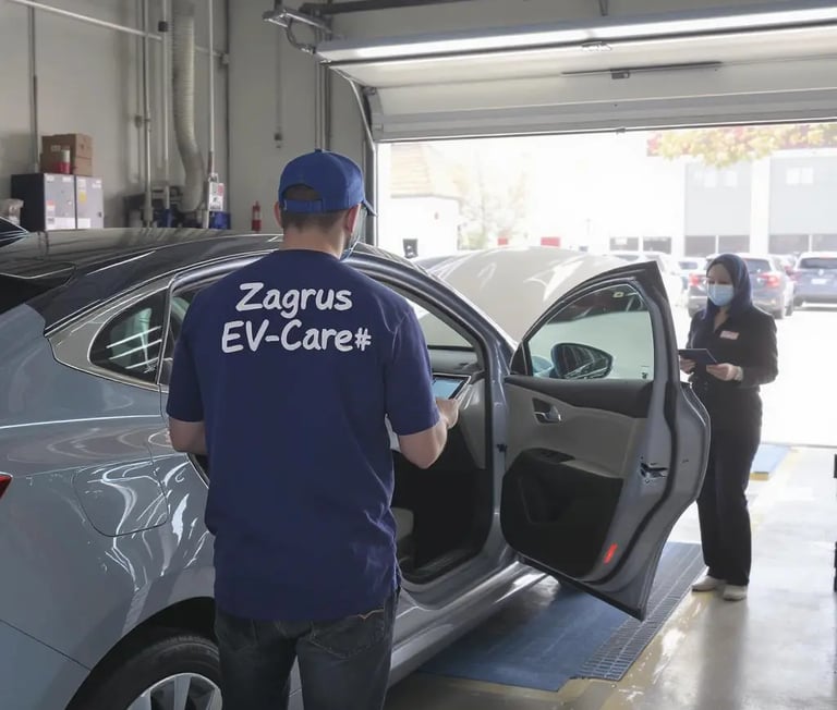 Techniker misst den Zustand der Hochvoltbatterie – Zagrus EV Care
