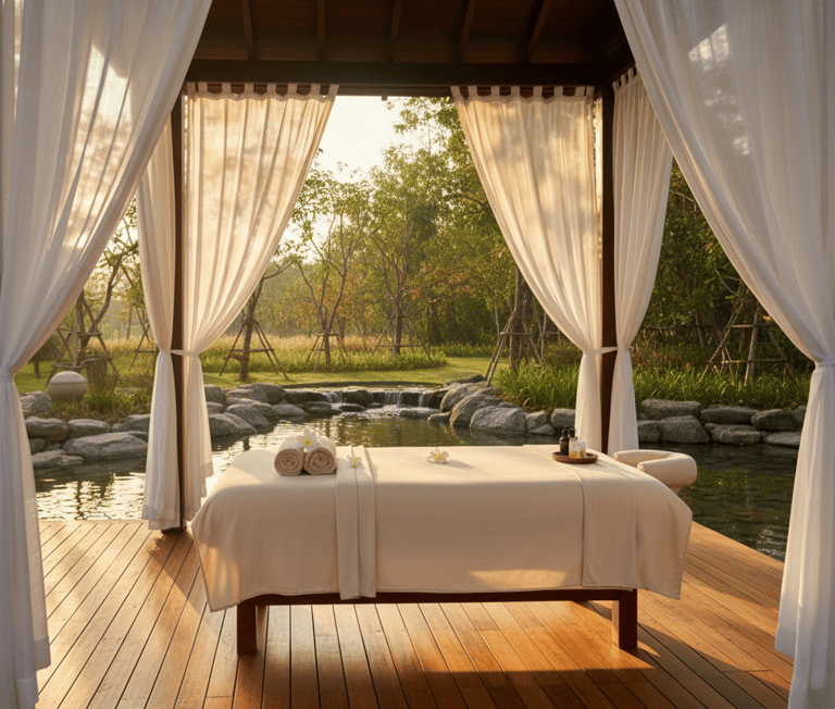 Luxury open-air spa treatment platform with natural surroundings and flowing curtains