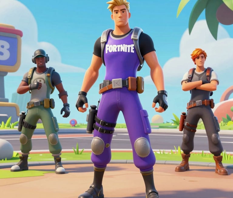 Vibrant neon gamer scene featuring Fortnite characters in action.