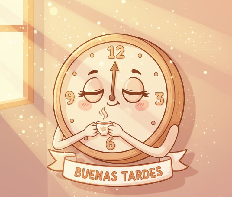 reloj de medio dia tomando café deseando buenas tardes