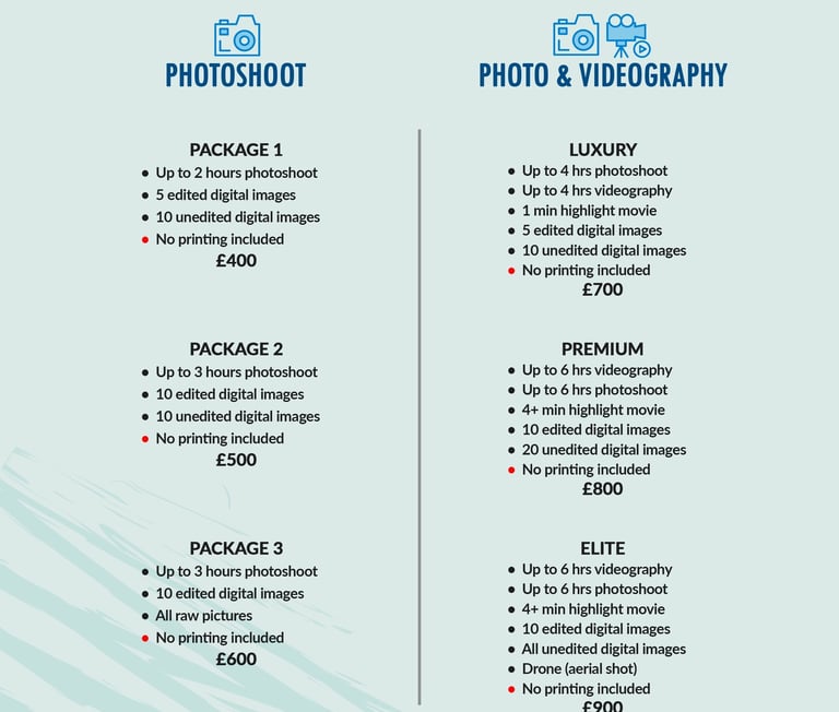 Fred Art Studio pricing charts for event and family photography and videography packages.