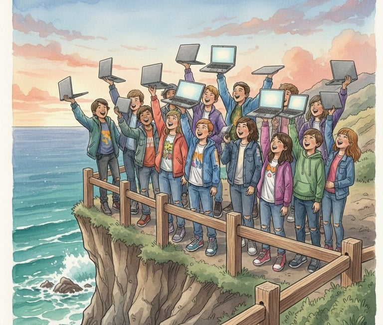 A group of cheerful students holding their laptops on a sea bluff