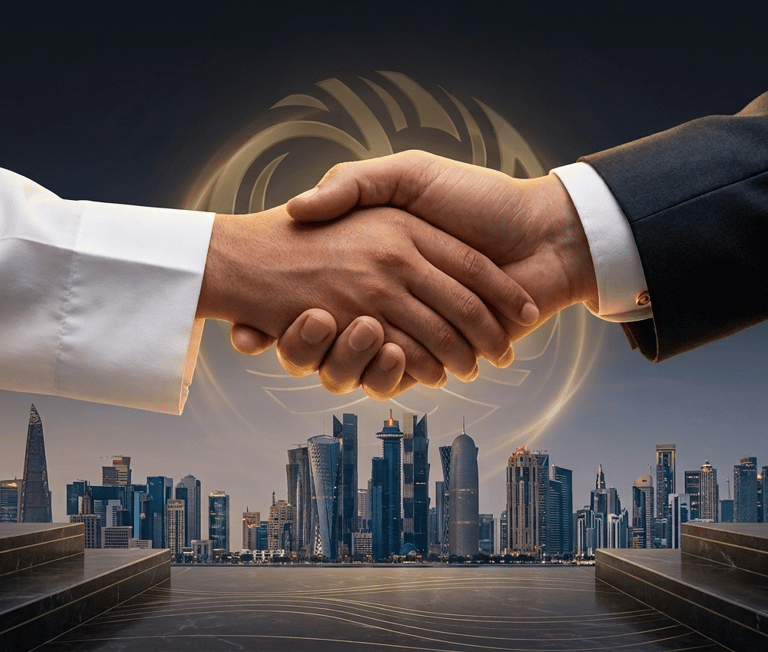 Business handshake between partners over a modern city skyline, symbolizing global trade and cooperation.