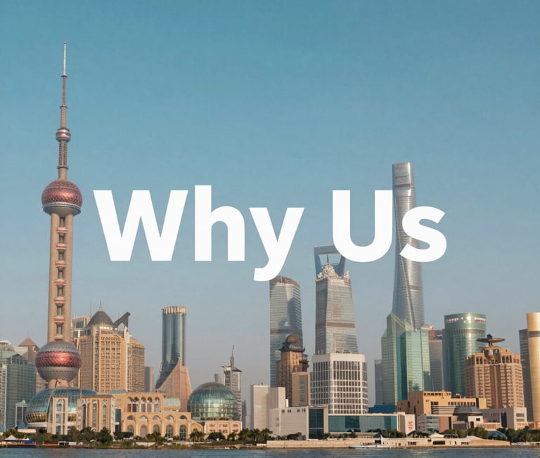 Panoramic view of the Shanghai skyline and Oriental Pearl Tower with Why Us text overlay.