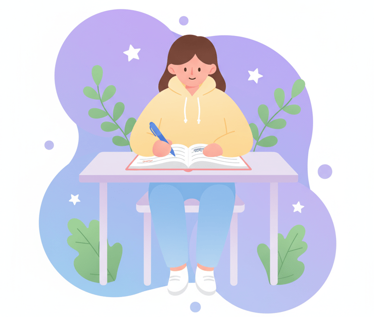 Cute flat vector artwork of a college student writing notes in a diary with a pen, pastel purple and