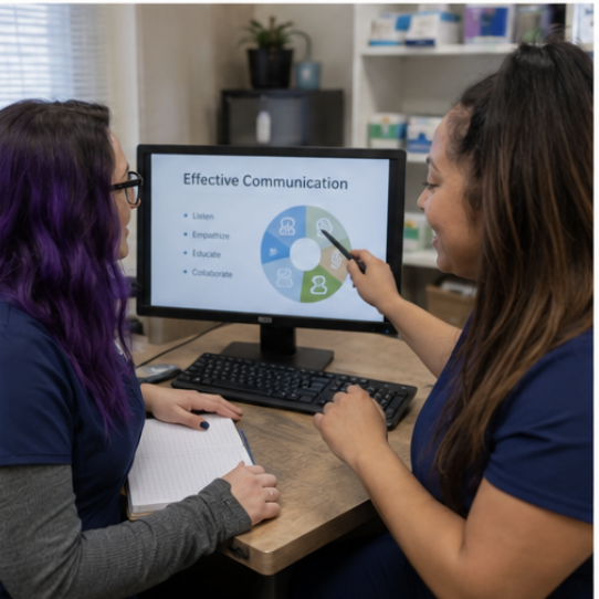 Two veterinary professionals reviewing an effective communication presentation on a computer screen.