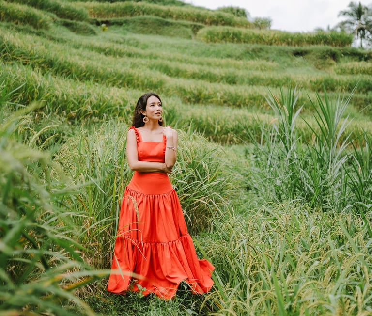 Artistic portrait in rice terrace landscape Tegalalang Ubud Bali