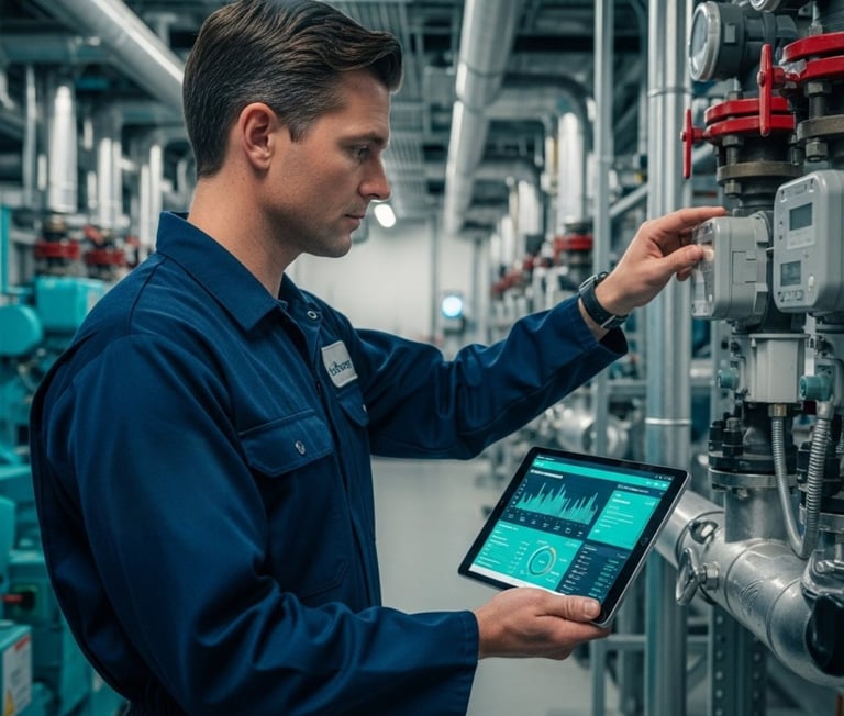 a man in a blue uniform is holding a tablet computer and a tablet