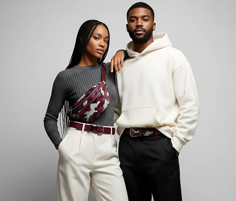 Contemporary photo of an interracial male and female couple in studio  wearing premium clean fashion
