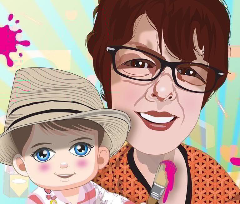 “Stylized portrait of an adult and child smiling with colorful hearts and paint splashes — expressive illustration.”