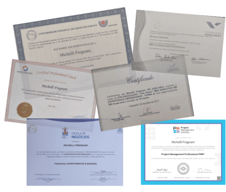 Seis diplomas e certificados que estão se sobrepondo entre eles.