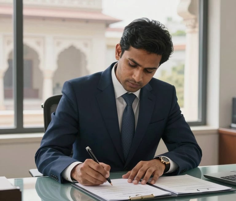 A professional South Asian man in a sharp navy suit signing formal business contracts on a glass desk in a bright, modern office with Indian architectural details through the window.