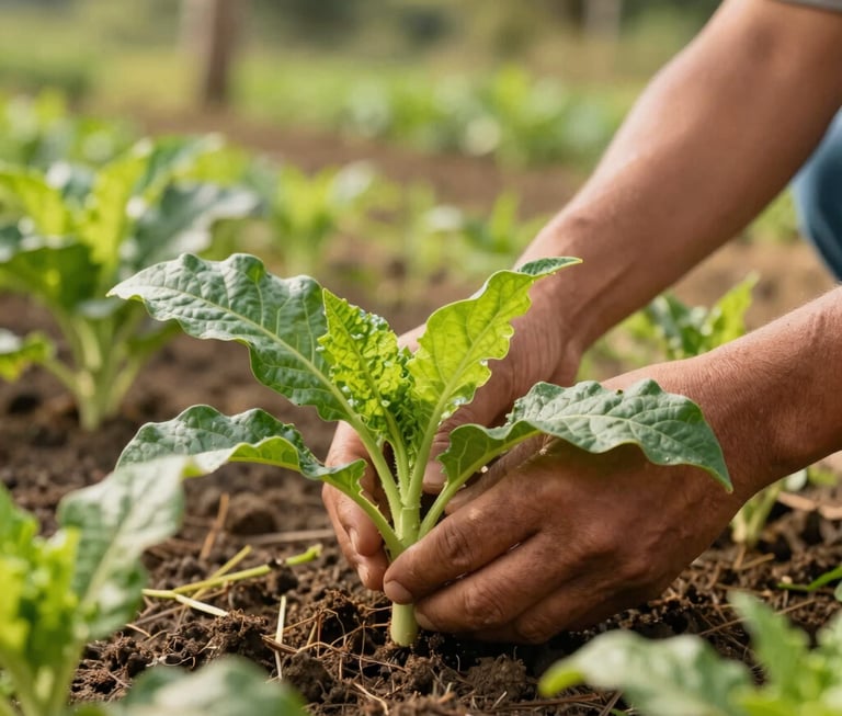 Close-up of healthy, vibrant organic crops being tended by hands in a South American family farm setting. Warm morning light, natural textures of soil and leaves, forest green and tan tones.