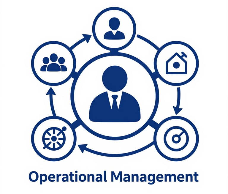 Focused employees managing operational tasks on computers in a navy-blue themed office.