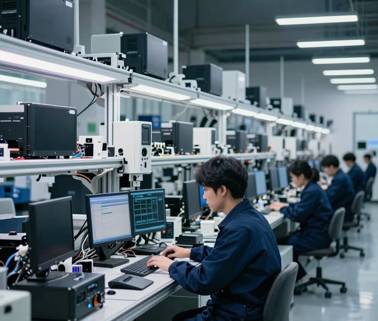 A wide, clean shot of a modern electronics assembly line in an advanced manufacturing facility, organized and efficient, with deep Midnight Navy and Industrial Blue color tones.