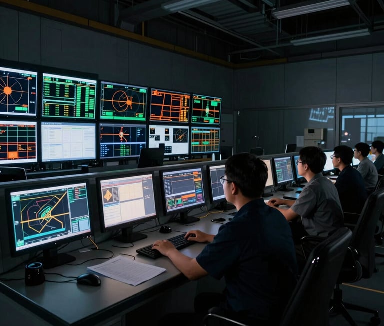 Wide shot of a control room with multiple screens displaying real-time data, an engineer observing, with a high-contrast industrial lighting. The image should be dark and technical, 35mm lens.