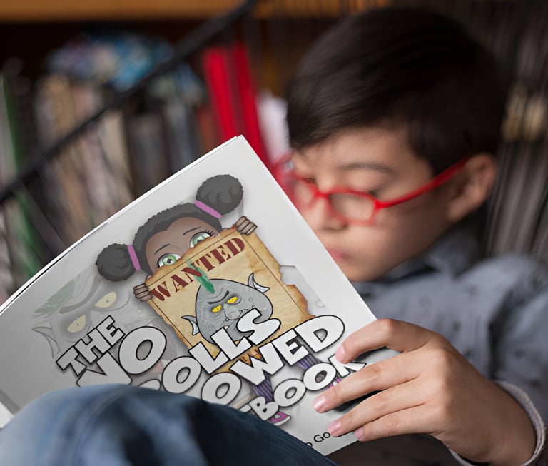  “Child reading ‘Troll Rulesk’ with cartoon girl on the cover - expressive illustration for The No Trolls Allowed Guidebook.”
