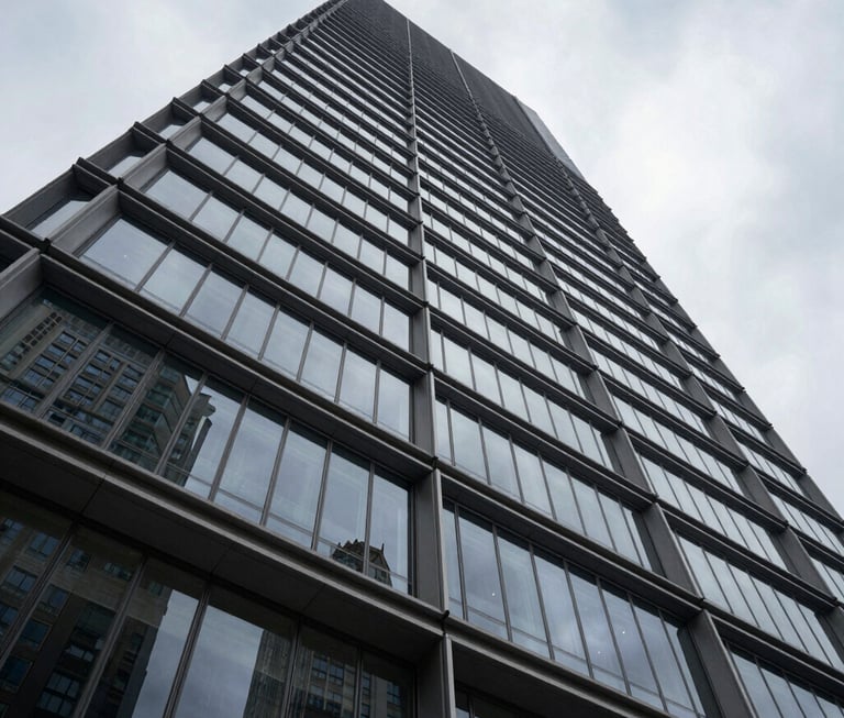 Extreme wide-angle dramatic architectural geometry of a modern glass and steel skyscraper facade reaching into an overcast sky, high contrast shadows