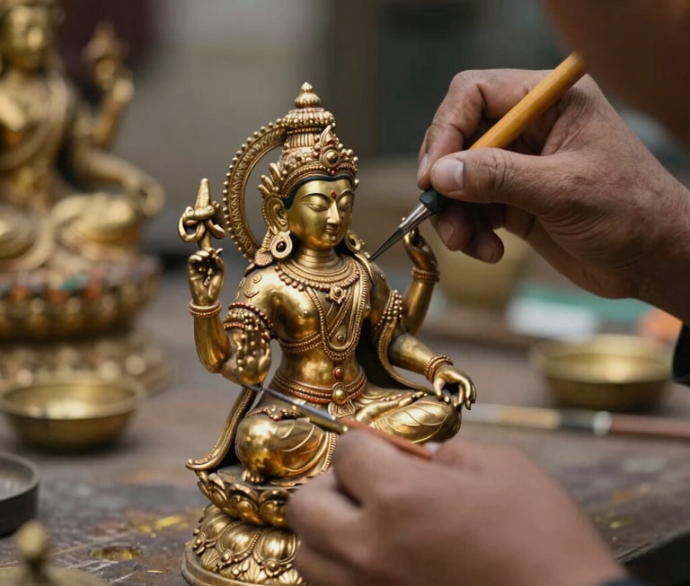 Artisan carefully engraving intricate details on a brass Lord Ganesha idol under warm studio lighting.