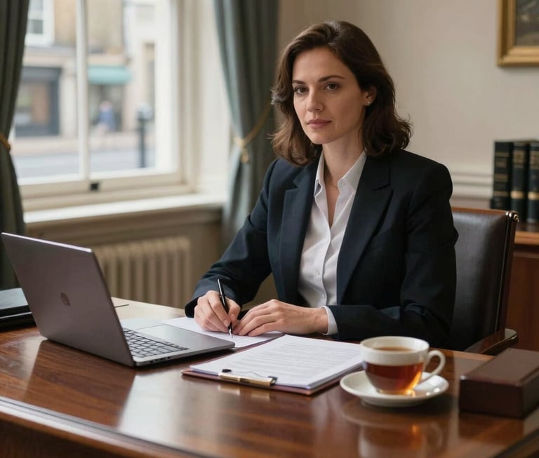 A professional portrait style shot of a solicitor's workspace in a British law firm. A mahogany desk is visible with organized legal folders, a laptop, and a cup of tea. Soft natural light flows through a classic window overlooking a UK street, creating a trustworthy and calm atmosphere.