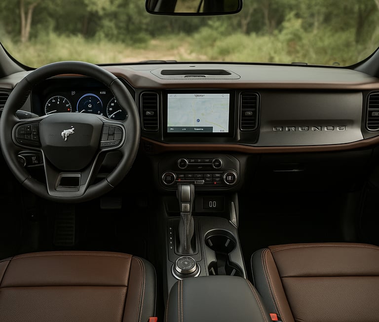 Interior moderno do Ford Bronco Sport 2025 com painel, volante multifuncional e central multimídia
