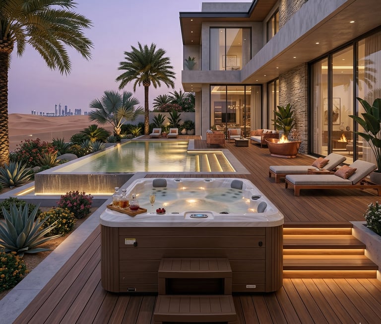 Luxury outdoor hot tub on a modern deck overlooking a lighted infinity pool and desert landscape at sunset.