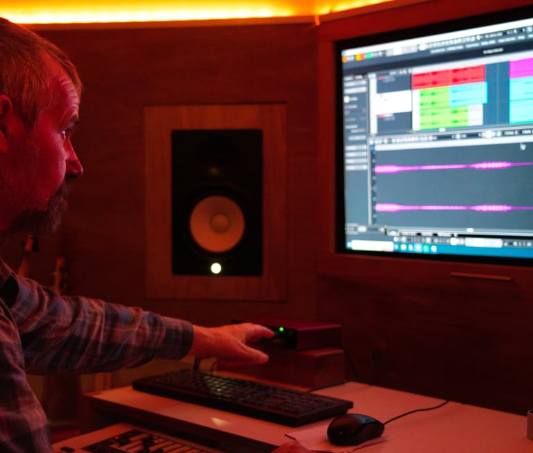 Luke Stidworthy sitting at a desk with a keyboard and a computer monitor editing music