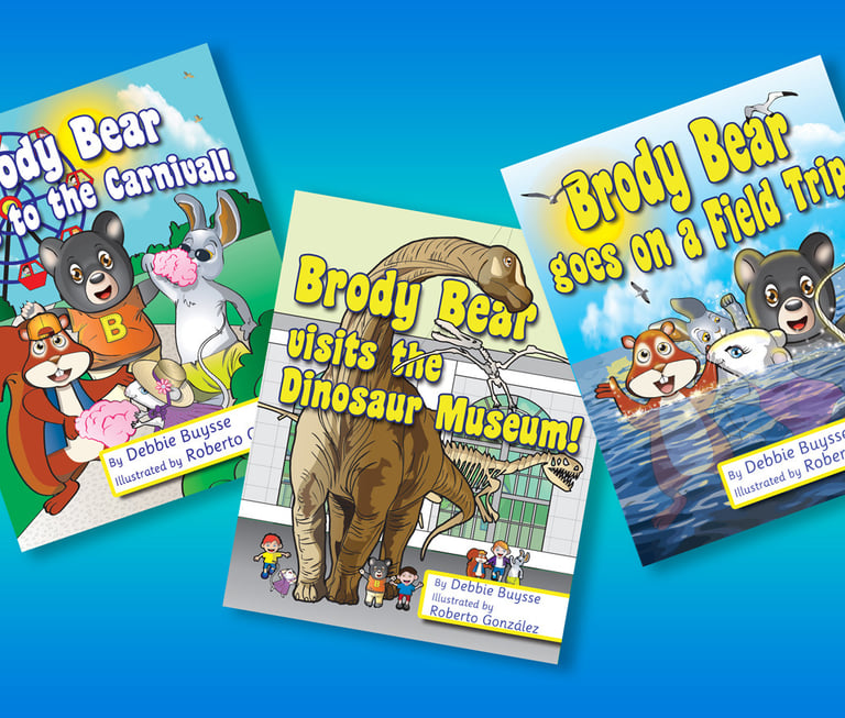 “Covers of three Brody Bear children’s books with colorful animal characters illustrated by Roberto Gonzalez.”