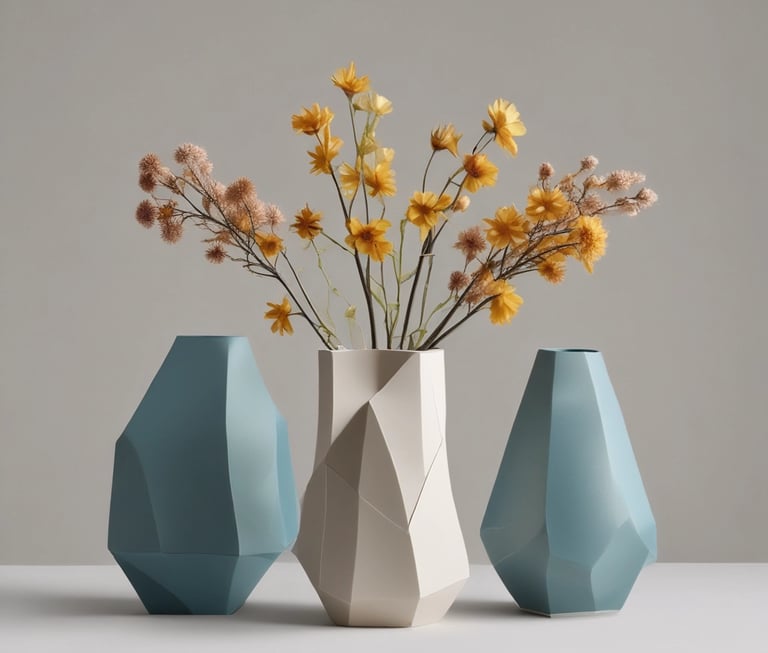 A sleek geometric vase with soft lighting highlighting its contours on a minimalist shelf.