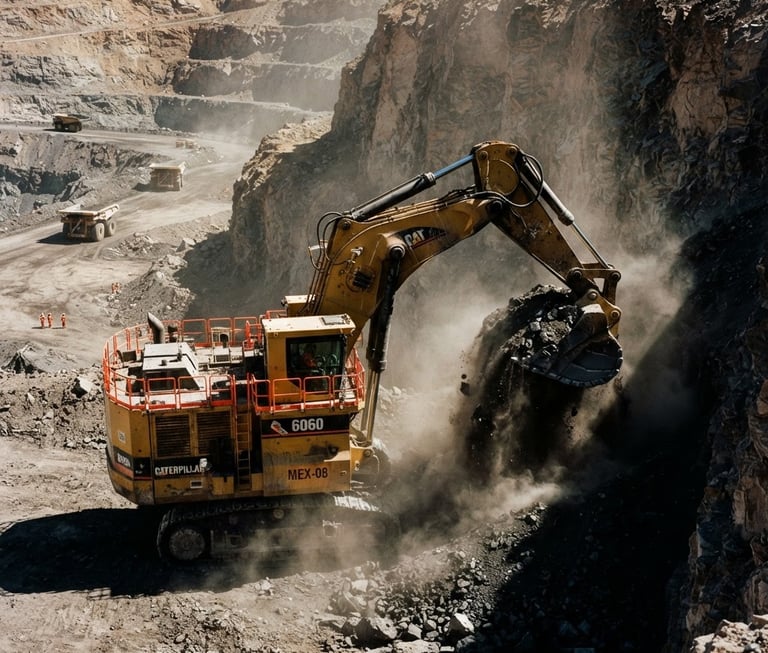 Dramatic industrial photography, high-contrast harsh Mexican sunlight, a massive yellow excavator operating in an open pit mine, dust particles in the air, deep shadows, orange safety accents, 35mm