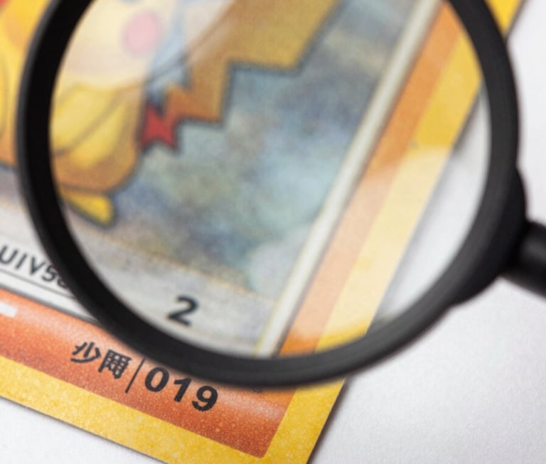 Extreme close-up overhead shot of a vintage Pokémon card corner under a magnification loupe on a bright white studio surface, studio strobe lighting from above, fine print detail and card edge visible in sharp focus