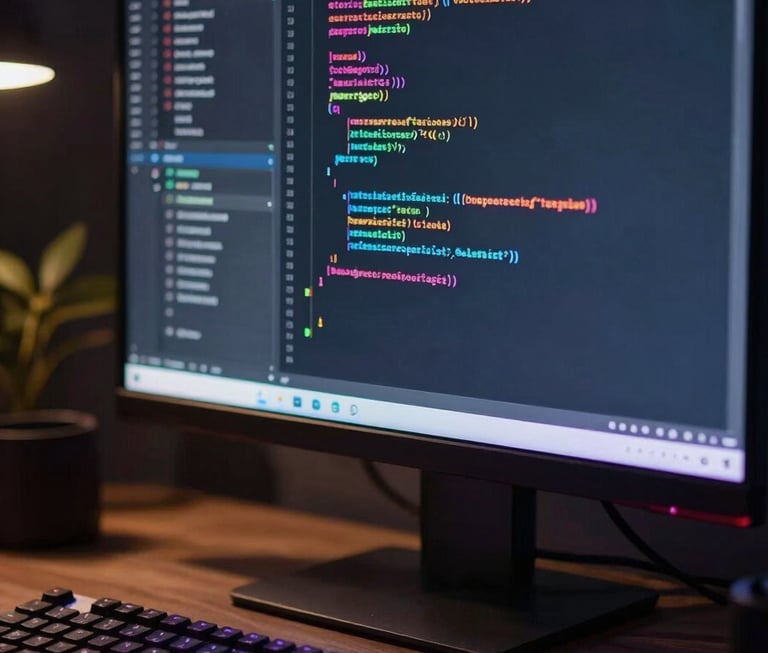 A close-up of a high-tech computer screen displaying code in a dark room, with soft purple ambient light reflecting off the keyboard and a modern desk setup in a South Asian tech hub.