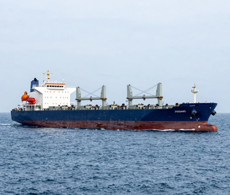 Wide-angle environmental shot of a massive commercial bulk carrier vessel navigating open ocean waters under overcast maritime skies.