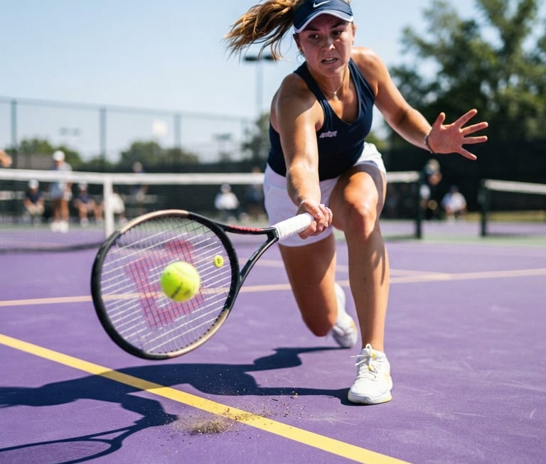 Low-angle action shot of a tennis racket striking a ball under bright daylight, high contrast purple court lines, dynamic freeze frame