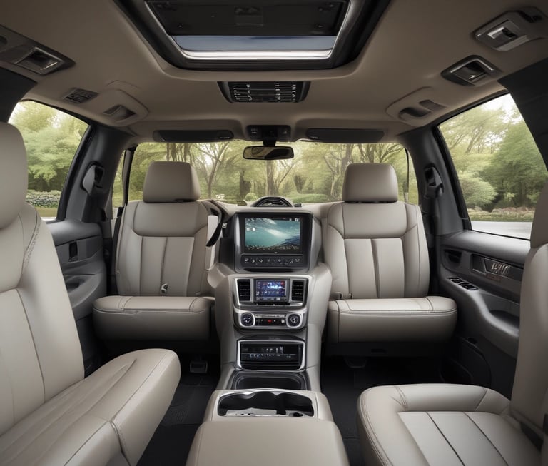 a car with a large screen and a car dashboard